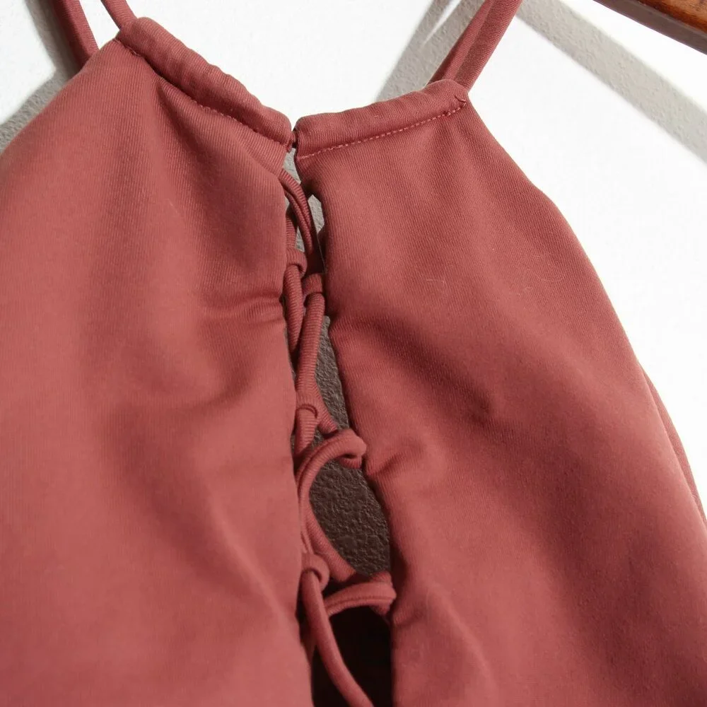 ALO Yoga Starlet Lace Up Front Bra Halter High Neck Earth Strappy Size Small